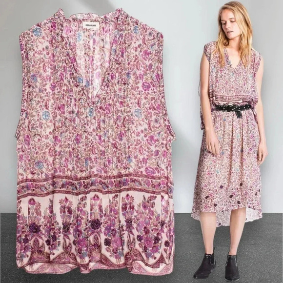 Zadig & Voltaire Thym Print Silky Top in Lilas Size XS - Picture 3 of 9